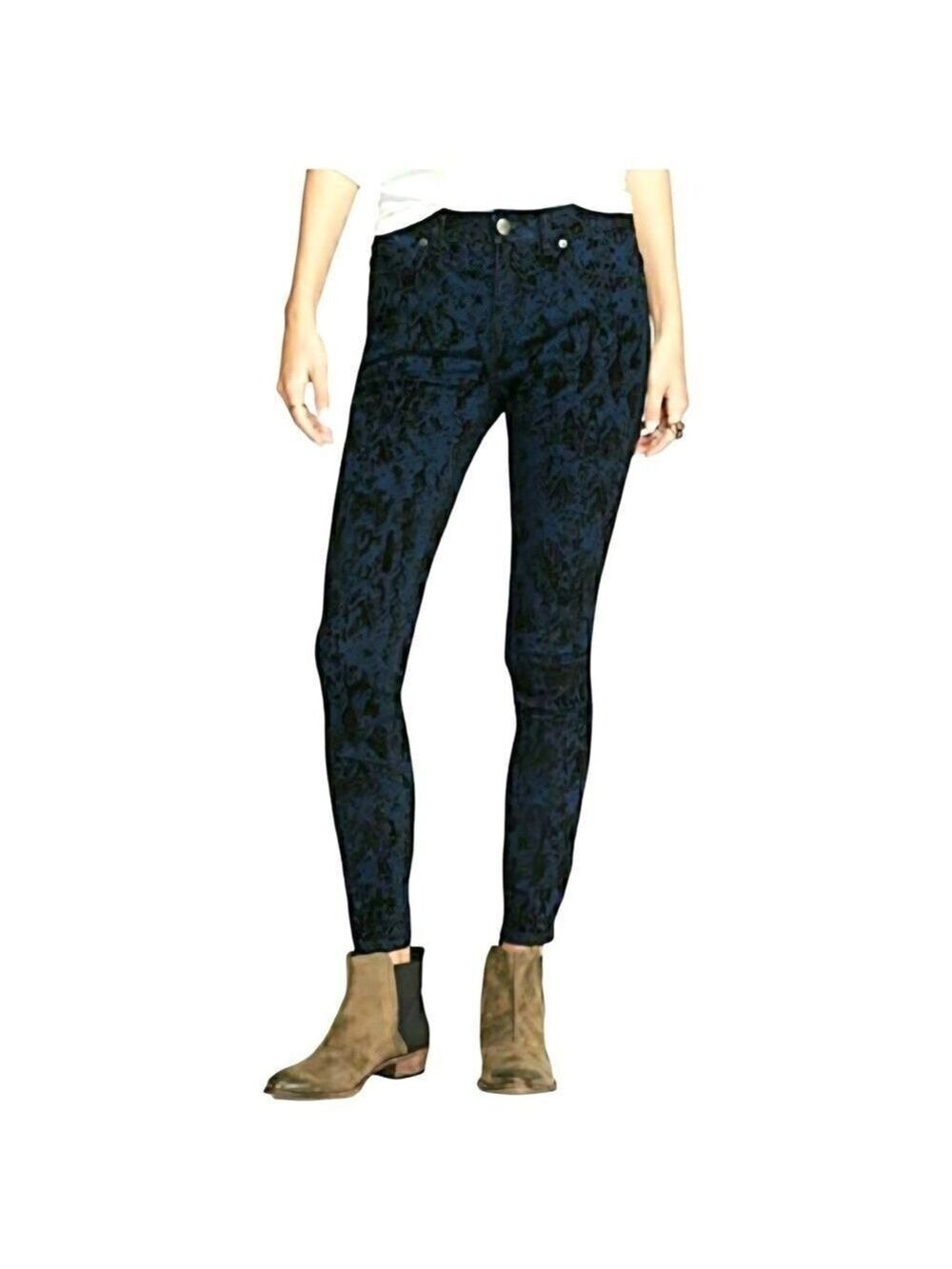 Free People Indigo Velvet Burnout Mid-Rise Skinny Ankle Jeans Sz 27